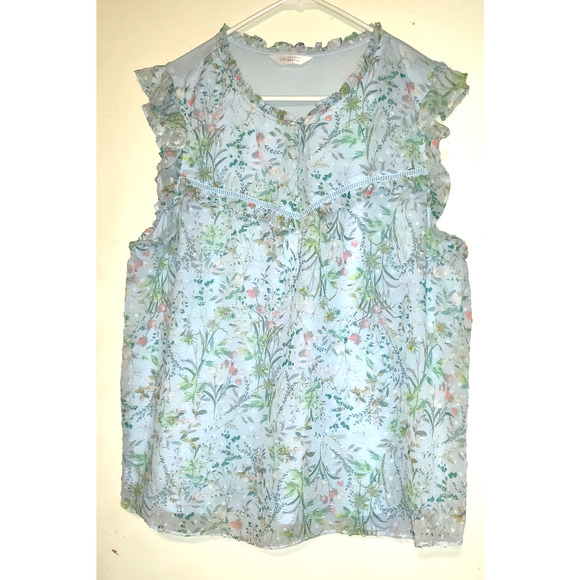 Powder Blue Babydoll Top Blouse LAUREN CONRAD Cottage Core Floral Pastel L - Picture 2 of 16